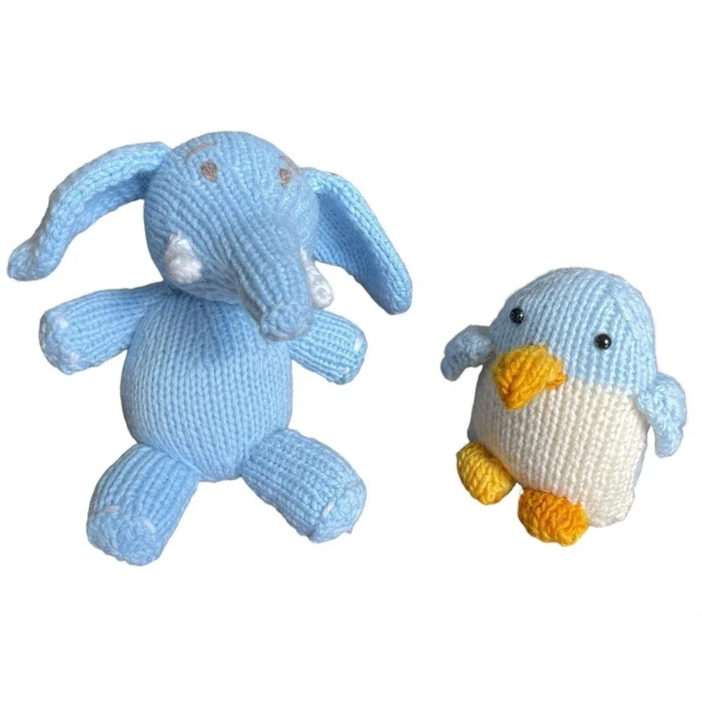 Handmade Elephant Penguin Knitted Blue Toys Small Stuffed Baby Animals Set of 2